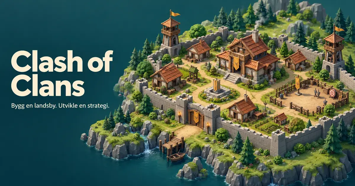 Illustrasjon av en befestet fantasilandsby med steinmurer, vakttårn og treningsplass ved siden av tittelen «Clash of Clans».